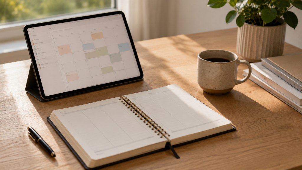 Agenda de papel junto a una tableta con un calendario digital representando dos formas de organizar el tiempo. y como usar una agenda