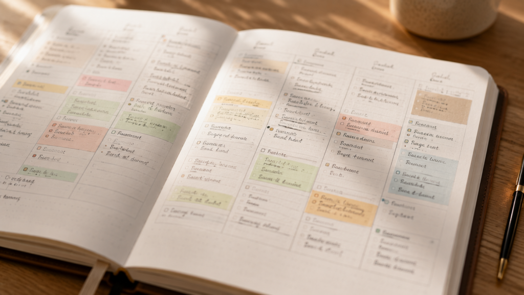 Agenda semanal organizada mediante bloques de colores y prioridades claramente diferenciadas.