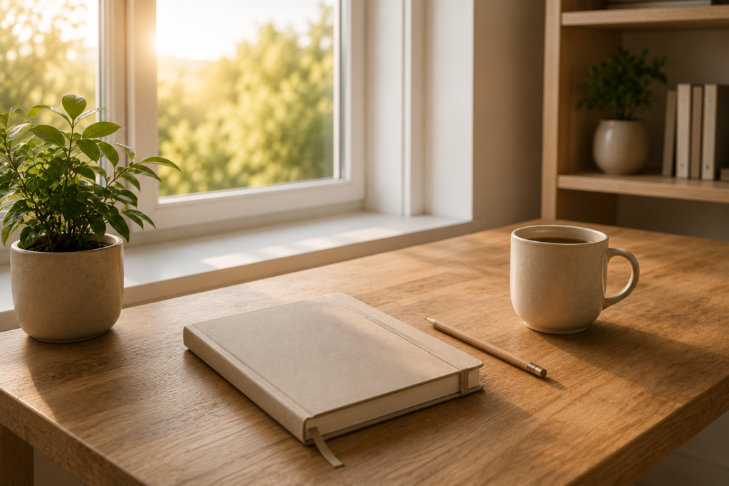 Escritorio minimalista iluminado por la luz natural representando los beneficios de una rutina matutina.