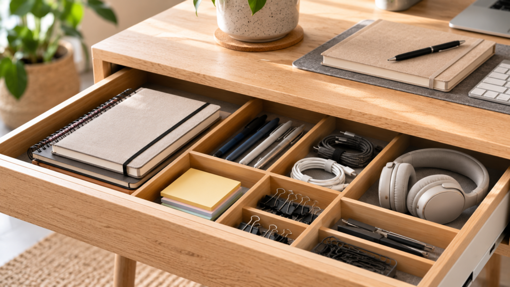 Cajón perfectamente organizado con material de oficina clasificado por compartimentos.