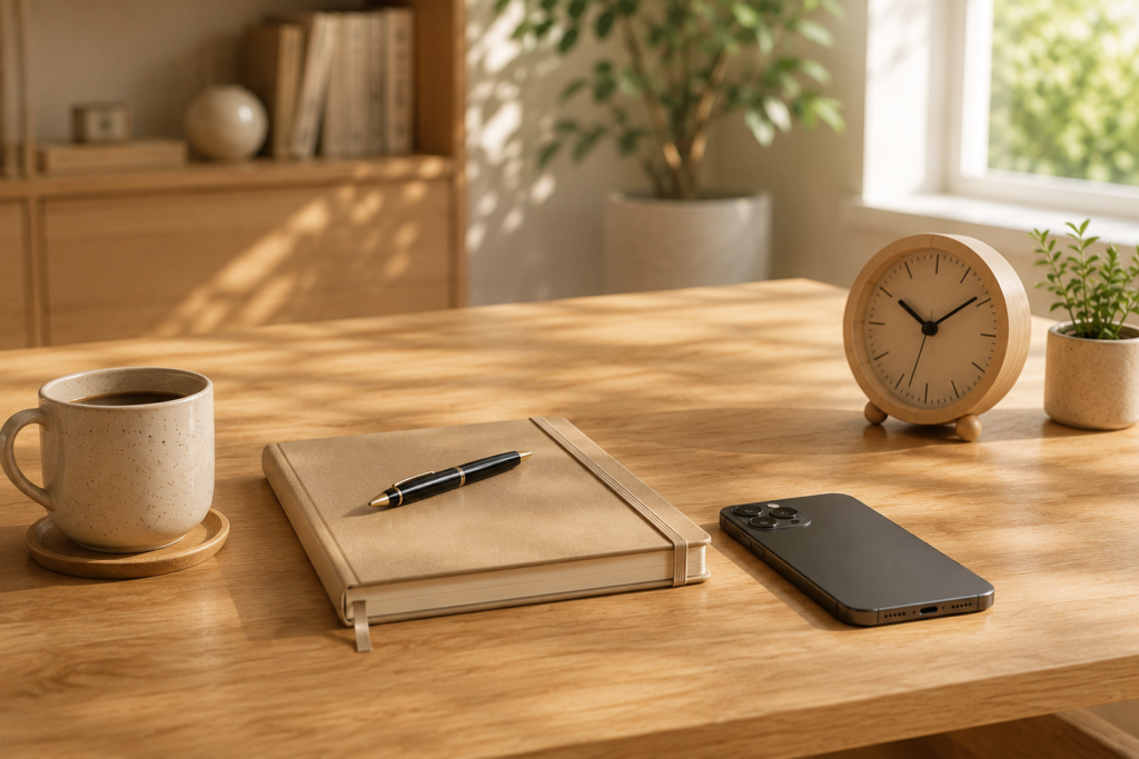 Escritorio con elementos que representan las causas de la procrastinación y las distracciones.