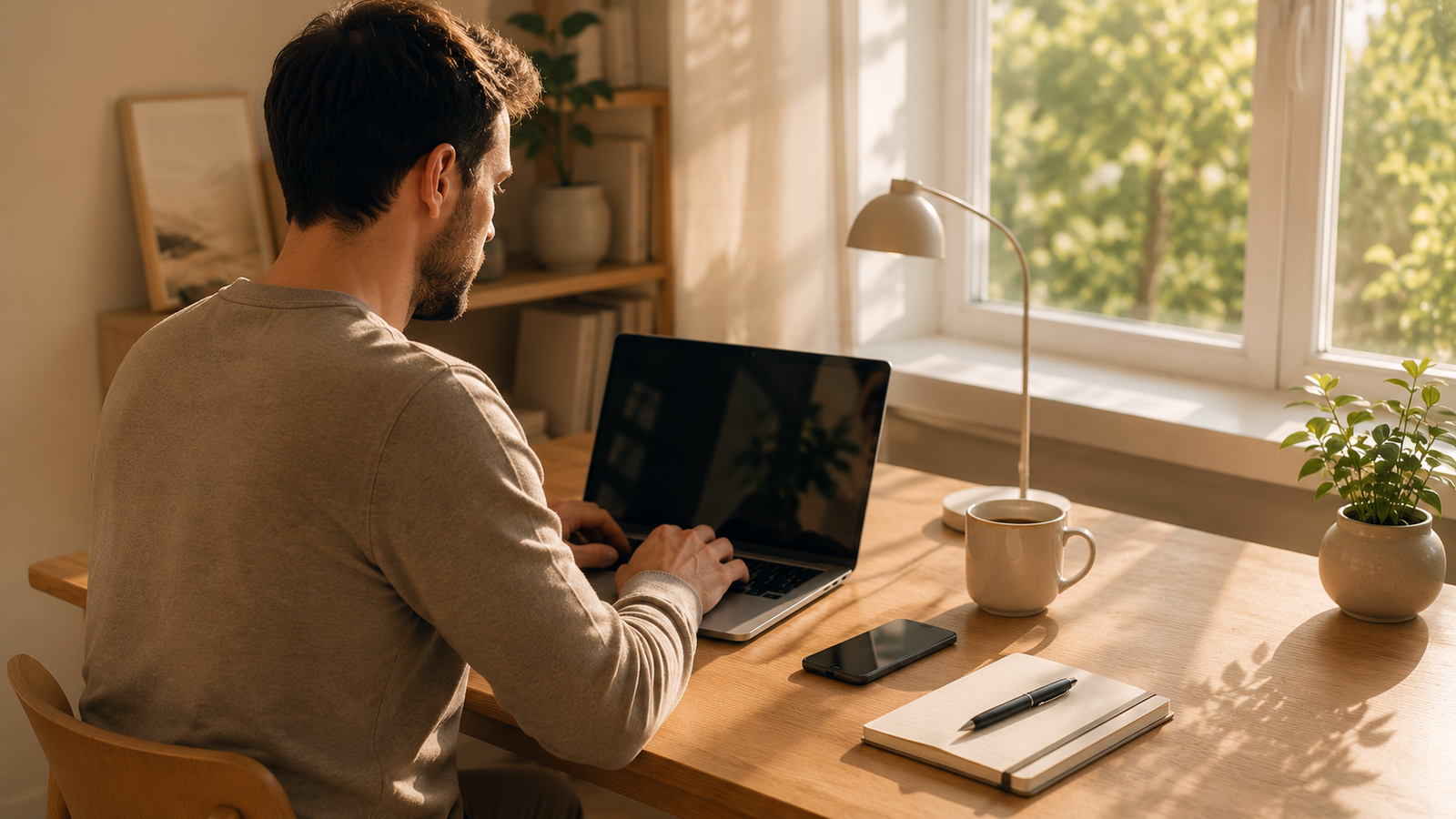 Persona trabajando concentrada en un escritorio sin distracciones
