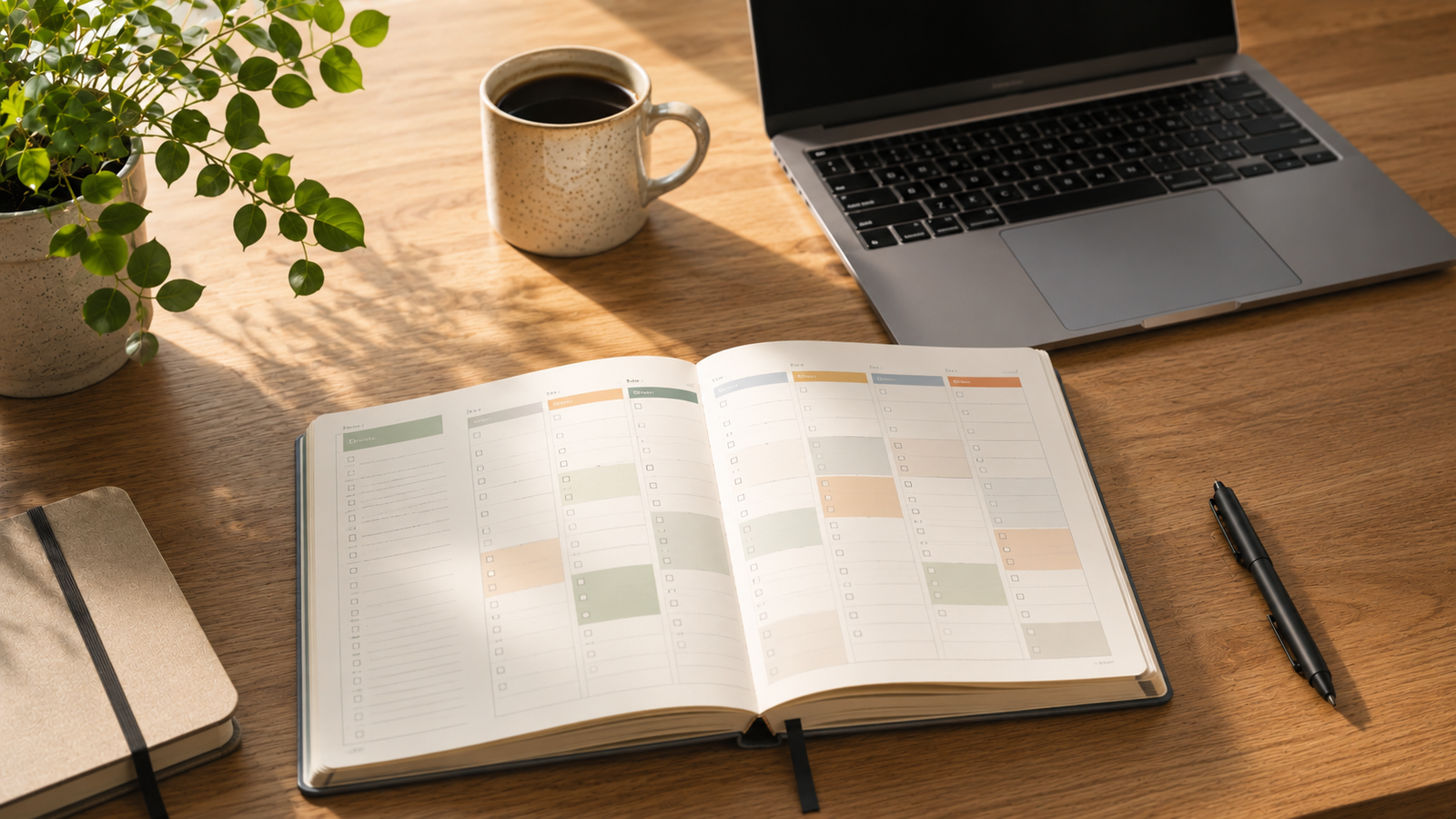 Agenda semanal abierta sobre un escritorio minimalista con una planificación organizada para toda la semana.