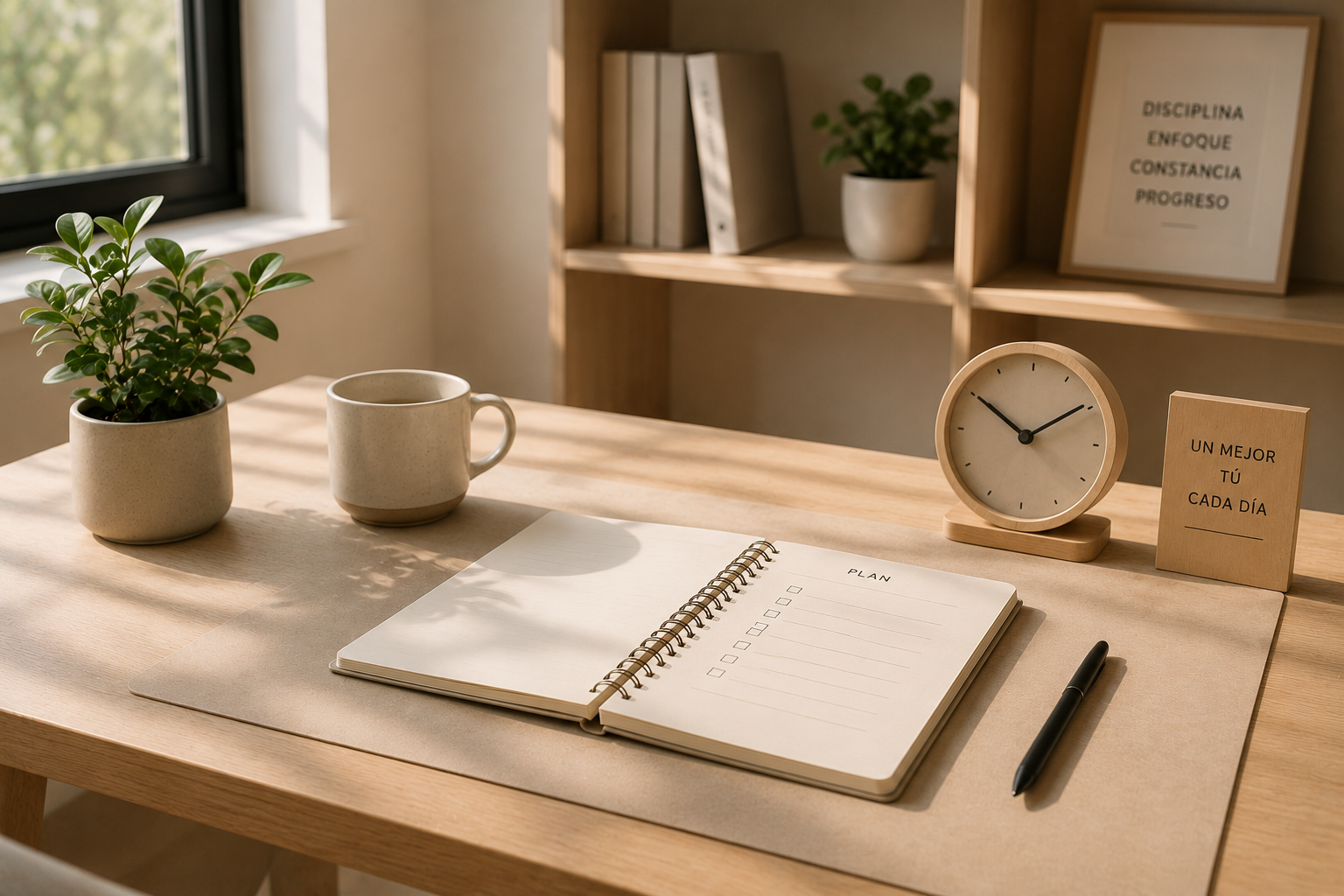 Espacio de trabajo minimalista que representa el inicio del camino hacia mejores hábitos y productividad.