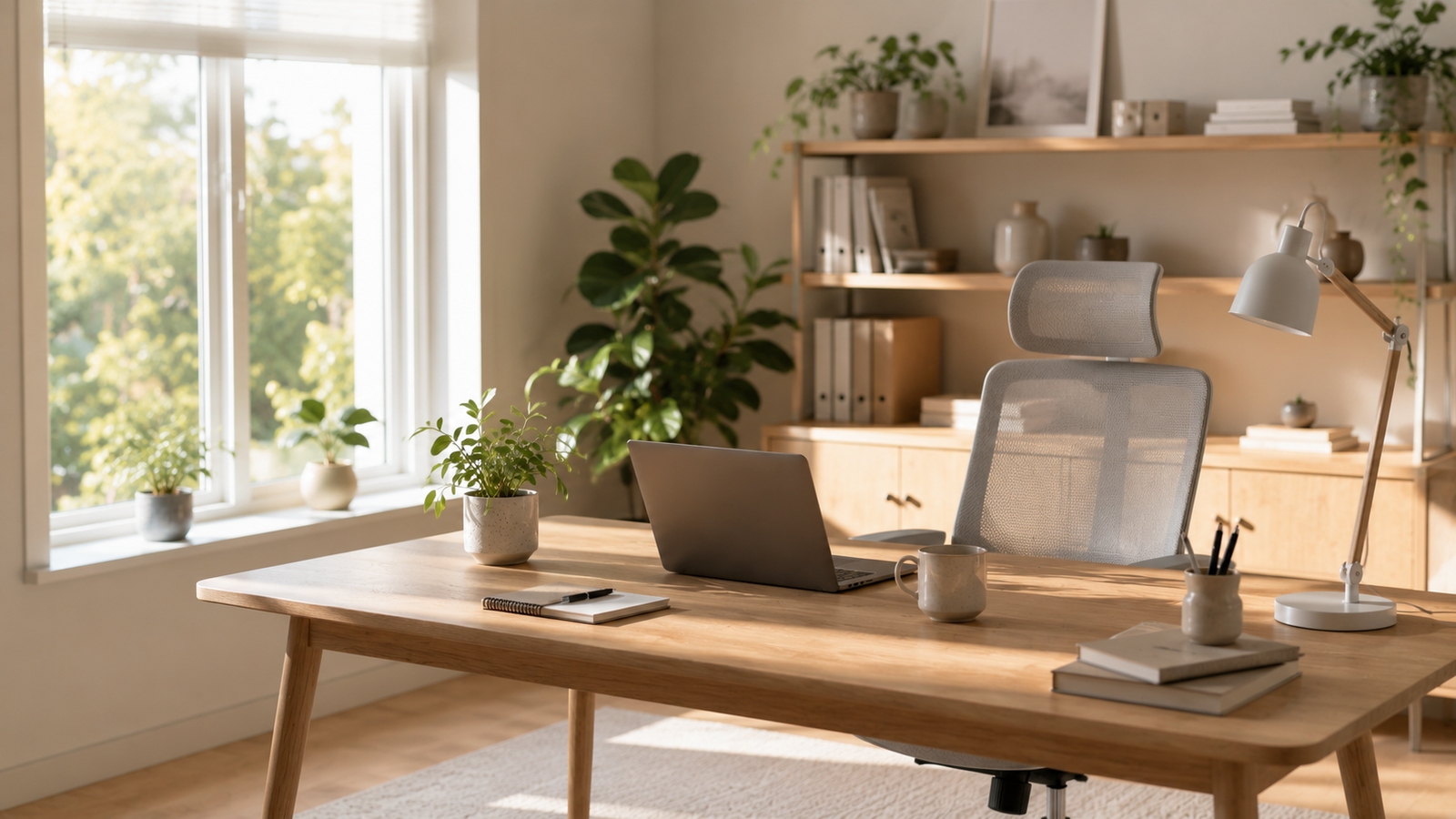 Espacio de trabajo moderno, limpio y organizado que favorece la concentración y la productividad.
