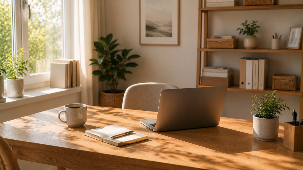 Espacio de trabajo ordenado y minimalista para aumentar la productividad