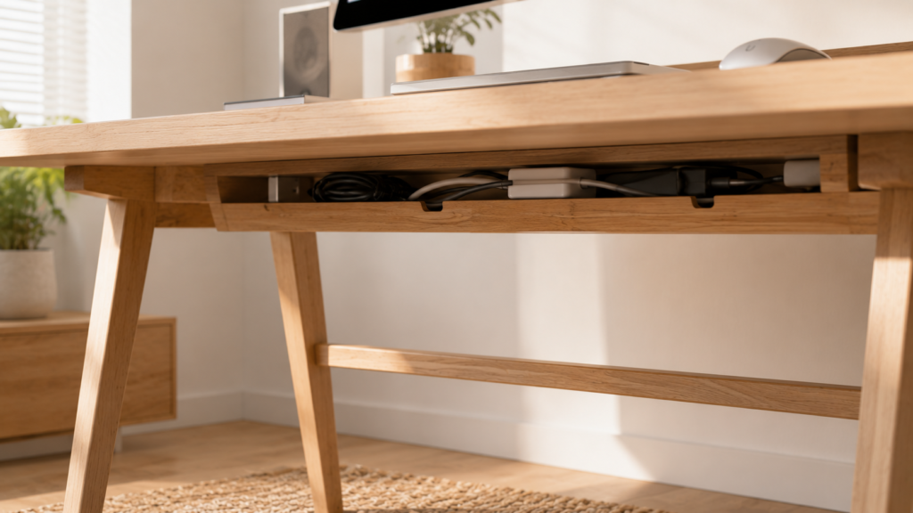 Detalle de como organizar tu escritorio escritorio moderno con todos los cables perfectamente organizados y ocultos.