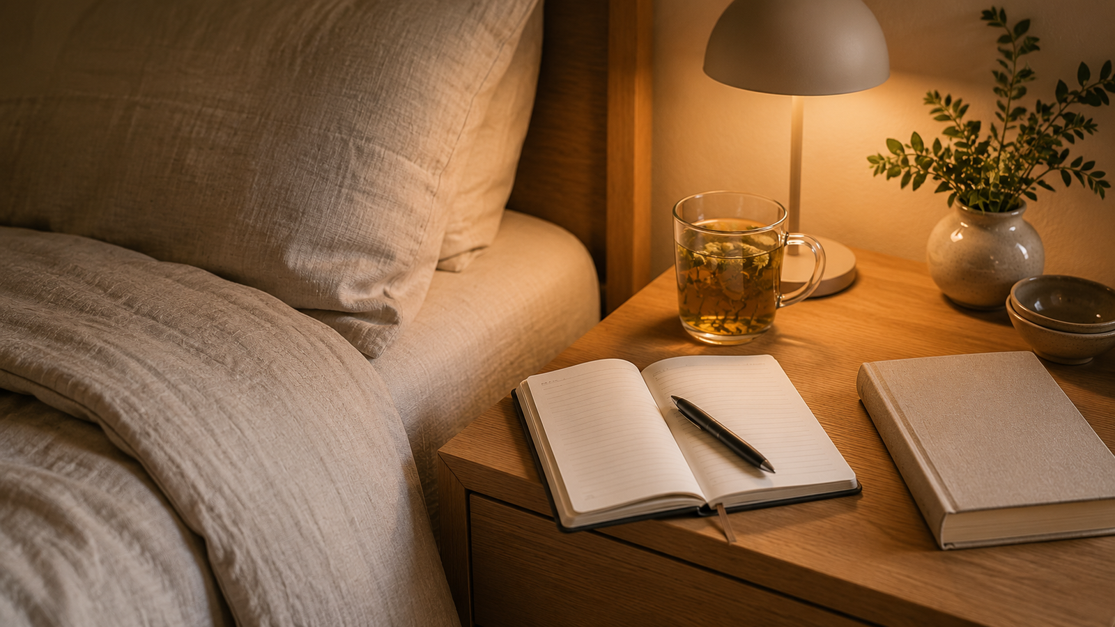 Rutina nocturna saludable con una libreta, una taza de infusión y una lámpara cálida sobre un escritorio.