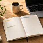 Lista de tareas organizada sobre un escritorio minimalista con prioridades marcadas.
