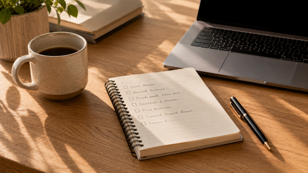 Lista de prioridades escrita a mano junto a un portátil y una taza de café sobre un escritorio ordenado.