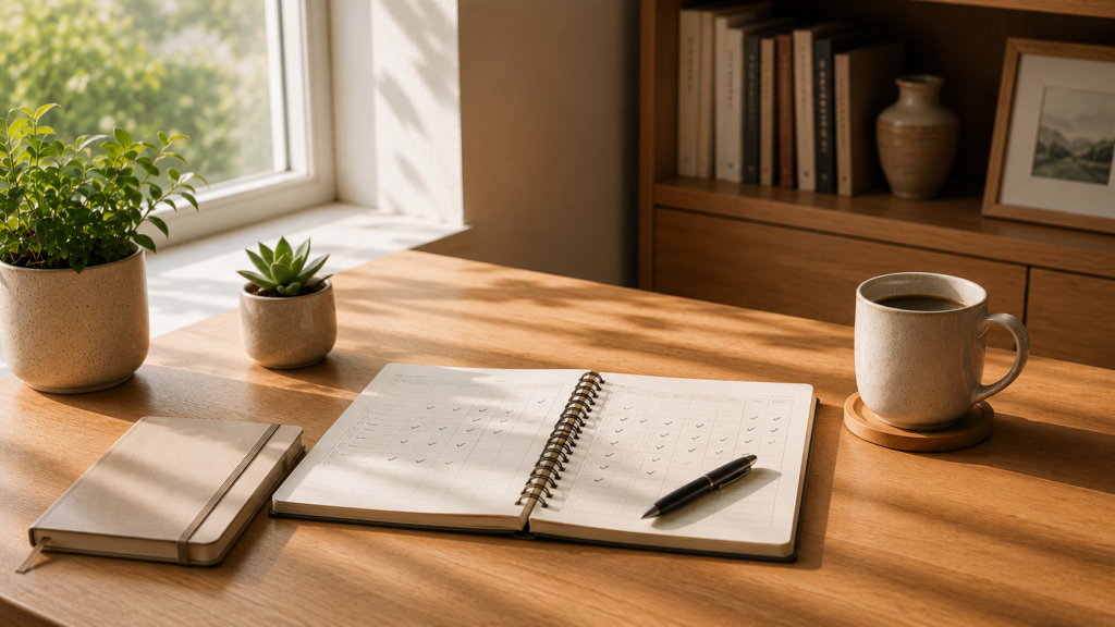 Persona marcando hábitos completados en un calendario junto a una taza de café.