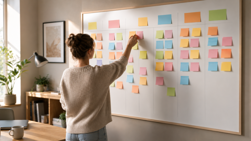 Persona planificando su jornada en una pizarra semanal utilizando notas adhesivas de colores.
