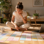 Persona organizando visualmente toda la semana mediante tarjetas de planificación sobre el suelo de un salón moderno.