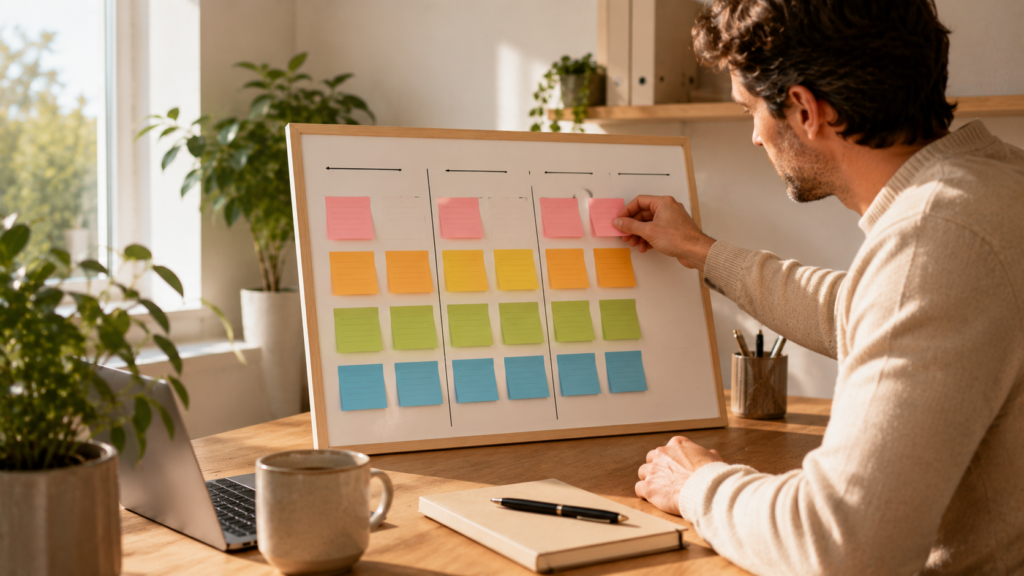 Persona aprendiendo a priorizar tareas mediante notas adhesivas por orden de prioridad sobre un tablero de trabajo.