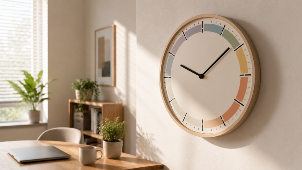 Reloj analógico dividido visualmente en diferentes bloques horarios representando la planificación del tiempo (time blocking).