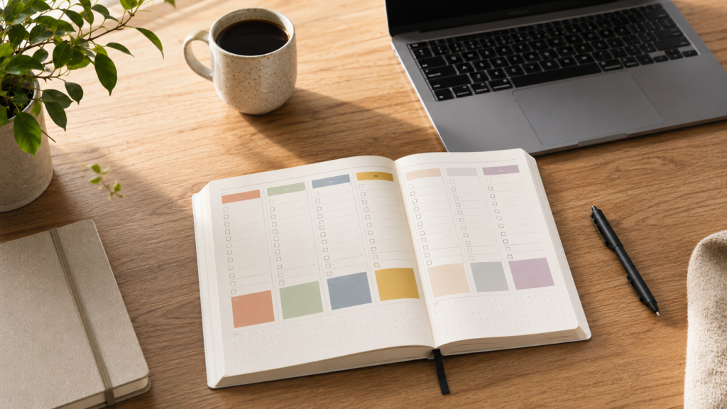 Persona revisando una agenda semanal y organizando las tareas antes de comenzar la semana.