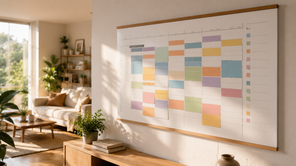 Calendario de pared con diferentes actividades equilibradas entre trabajo, descanso y tiempo personal.