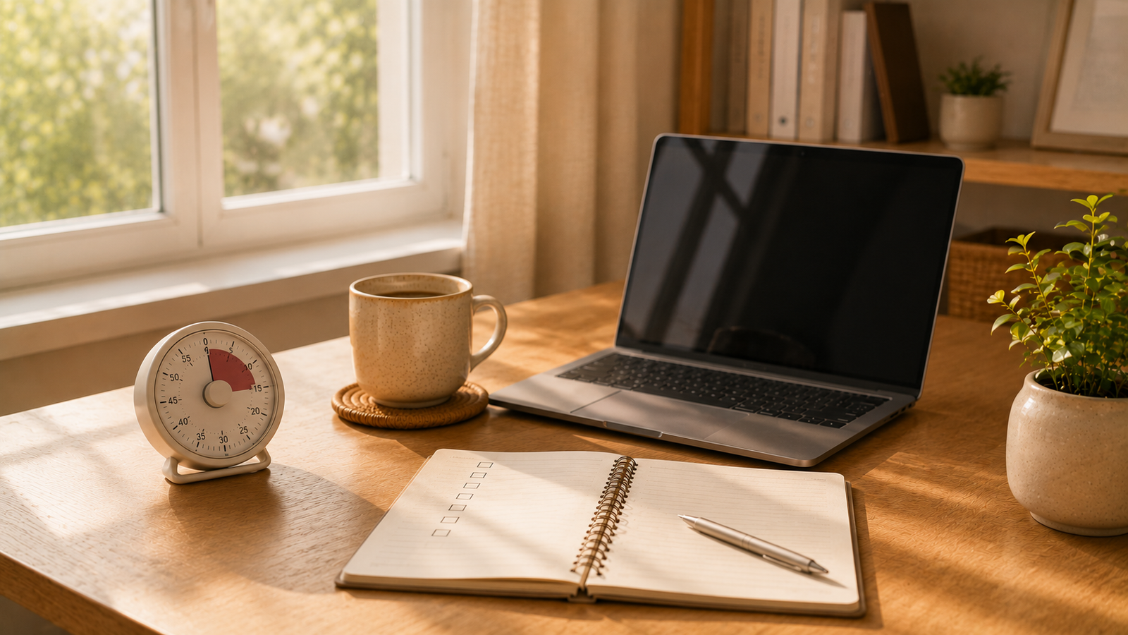 Temporizador sobre un escritorio organizado para aplicar la técnica Pomodoro y mejorar la productividad.