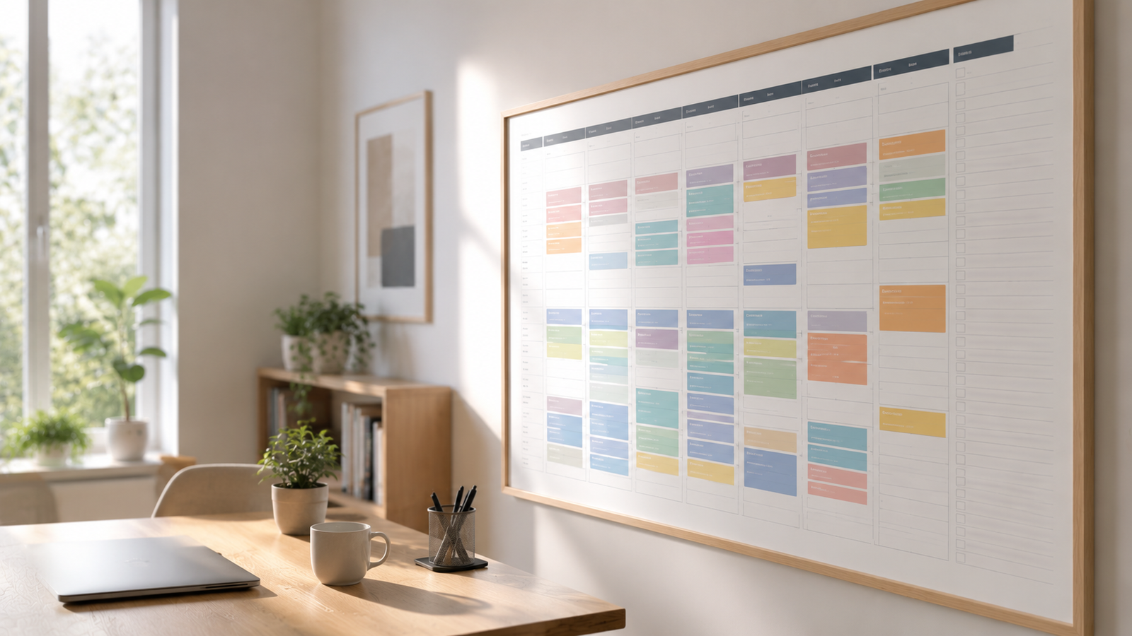 Calendario semanal con bloques de colores organizando las diferentes actividades del día.