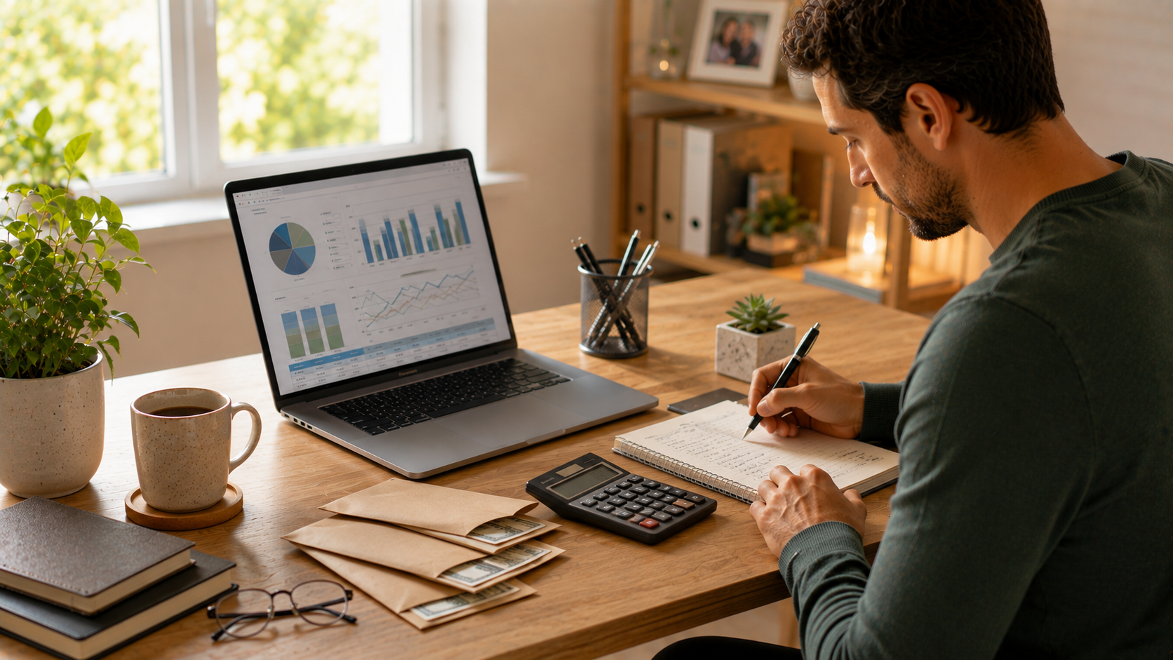 Persona ahorrando dinero cada mes y organizando sus finanzas personales