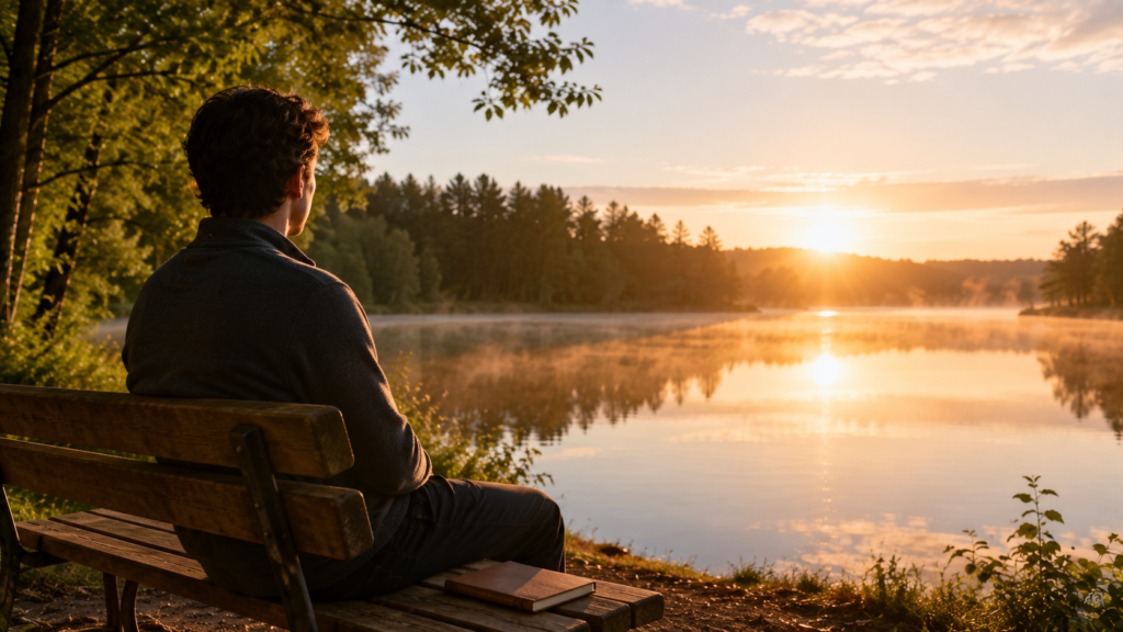 Persona descansando junto a un lago para recuperarse del agotamiento mental.