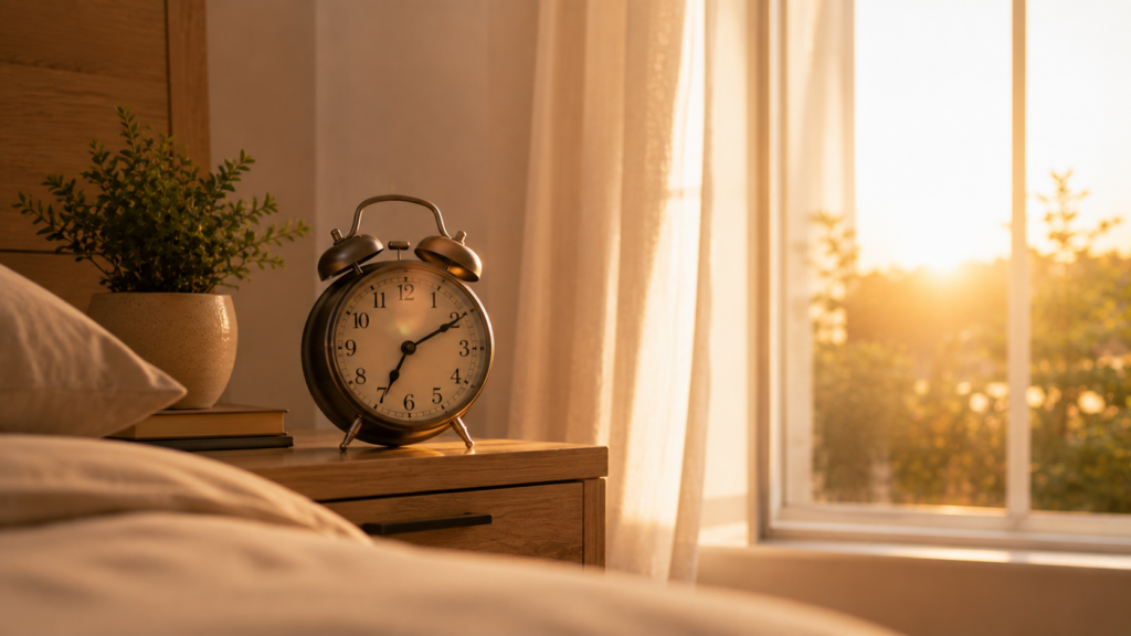 Dormitorio iluminado al amanecer para favorecer dormir mejor y despertarse con energía.