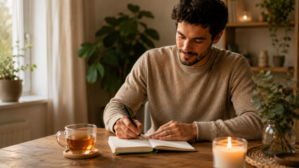 Persona escribiendo un diario para gestionar la ansiedad y mejorar el bienestar emocional.