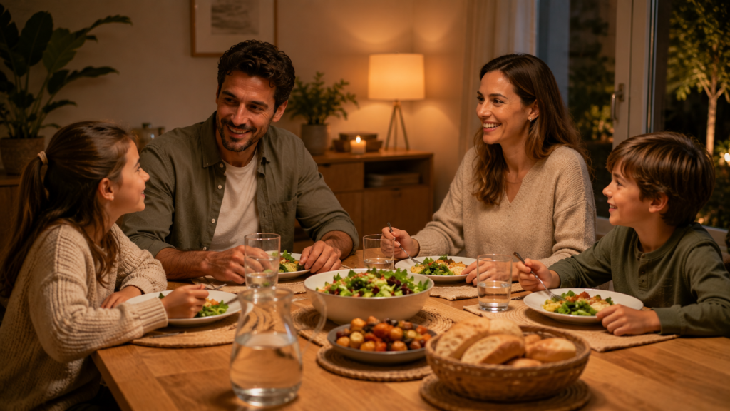 Familia disfrutando de la cena sin teléfonos para desconectar del trabajo y disfrutar del tiempo personal.