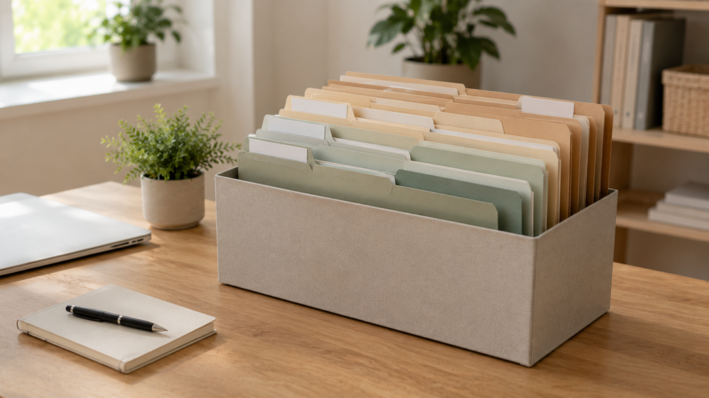 Sistema de organización personal sencillo con pocas carpetas y categorías claras.
