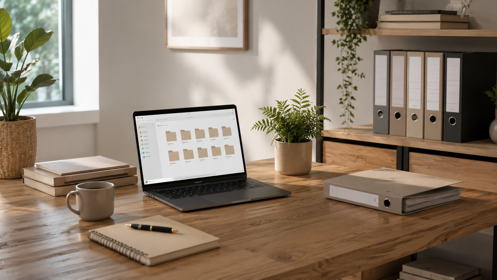Escritorio organizado con documentos físicos y archivos digitales perfectamente clasificados.