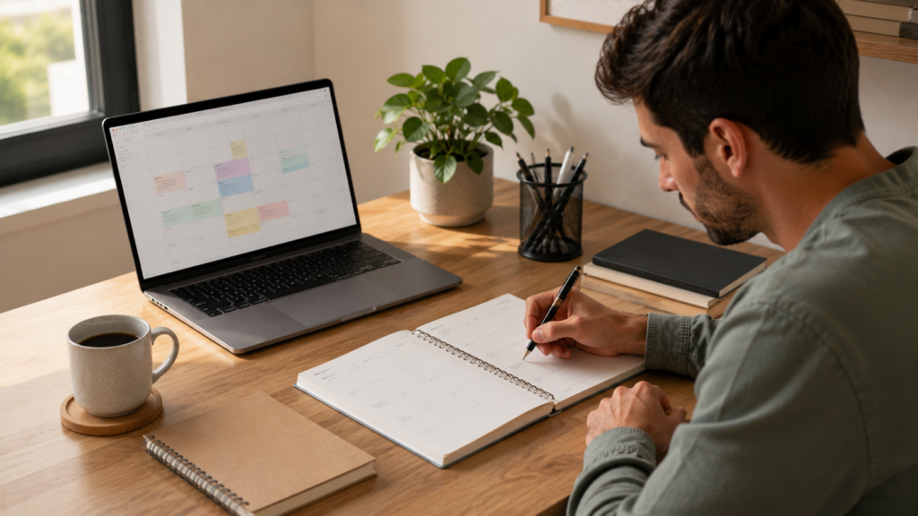 Persona planificando un sistema de organización personal en una agenda.