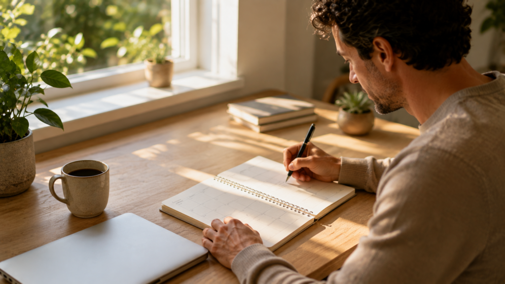 Persona planificando su semana para mejorar el equilibrio entre vida personal y trabajo