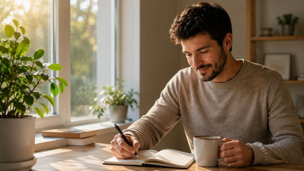 Persona reflexionando sobre cómo mejorar la autoestima escribiendo en un cuaderno.
