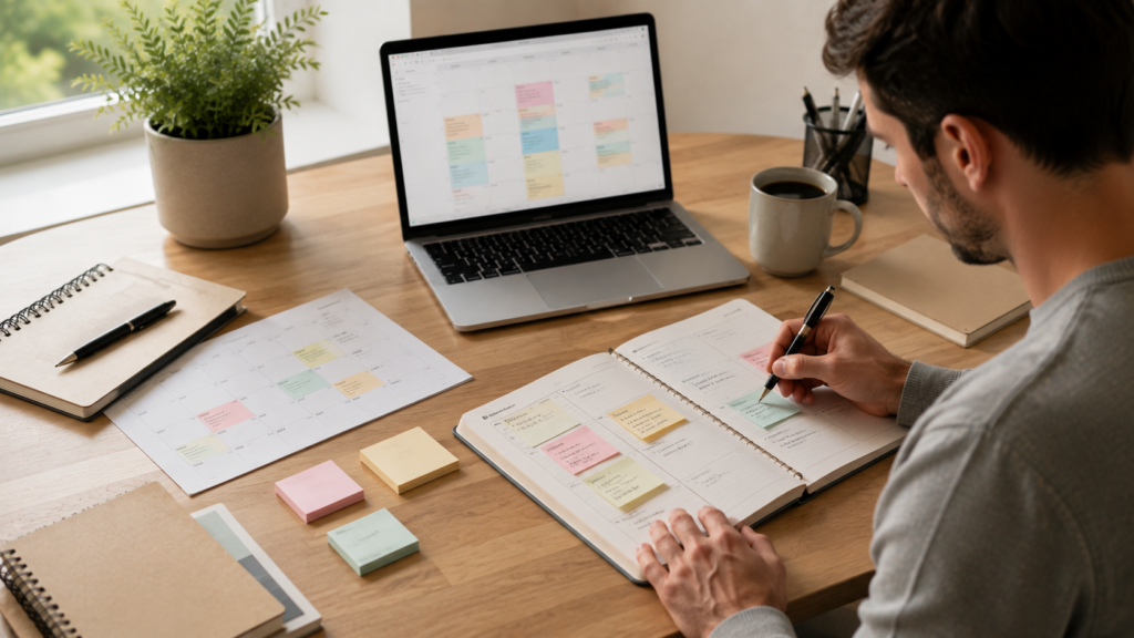 Persona realizando la revisión semanal de su sistema de organización personal.